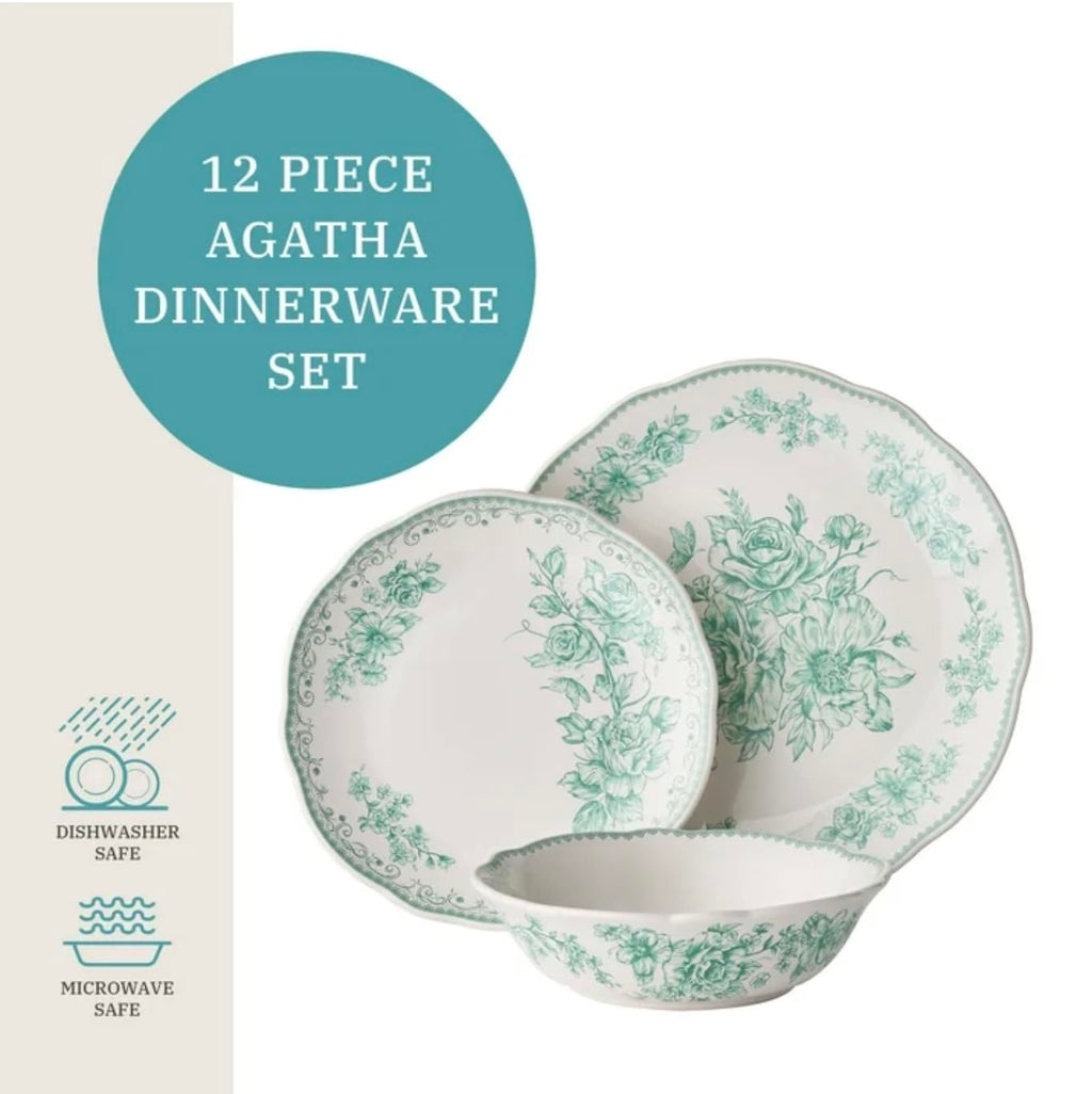 12-Piece Green Stoneware Dinnerware Set D12737