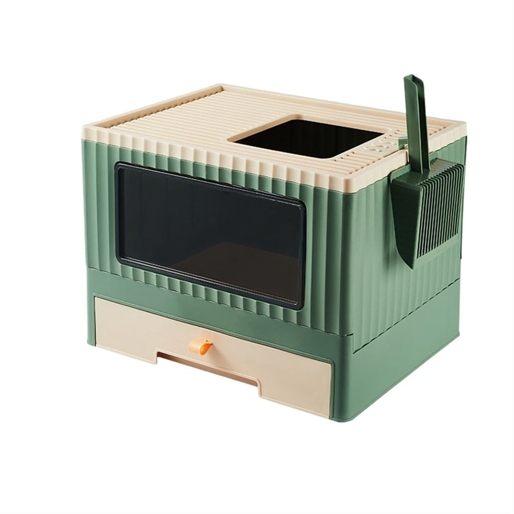 Top Entry Cat Litter Box with Lid Foldable Drawer Type Green C95881