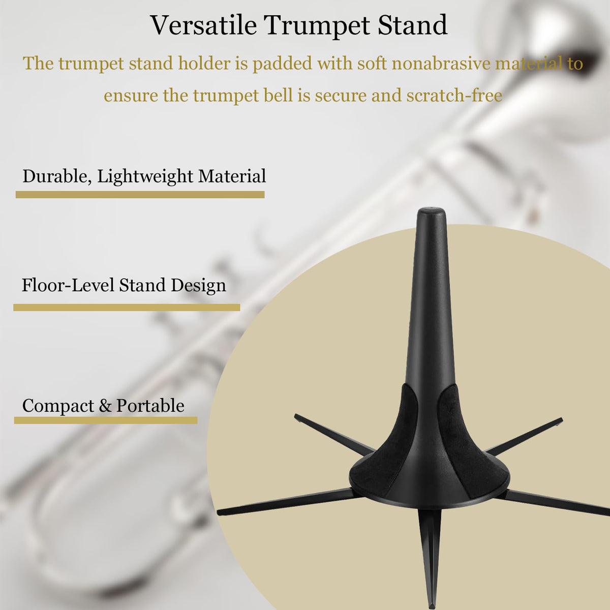 Trumpet Stand and Care Kit with Mouthpiece, Valve, Snake Brush, Foldable Metal 5 Legs Q29971