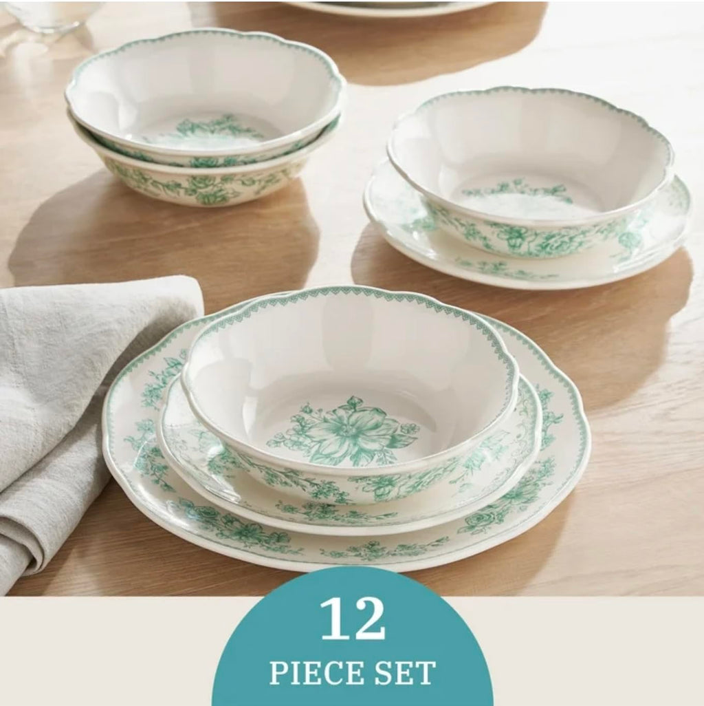 12-Piece Green Stoneware Dinnerware Set D12737