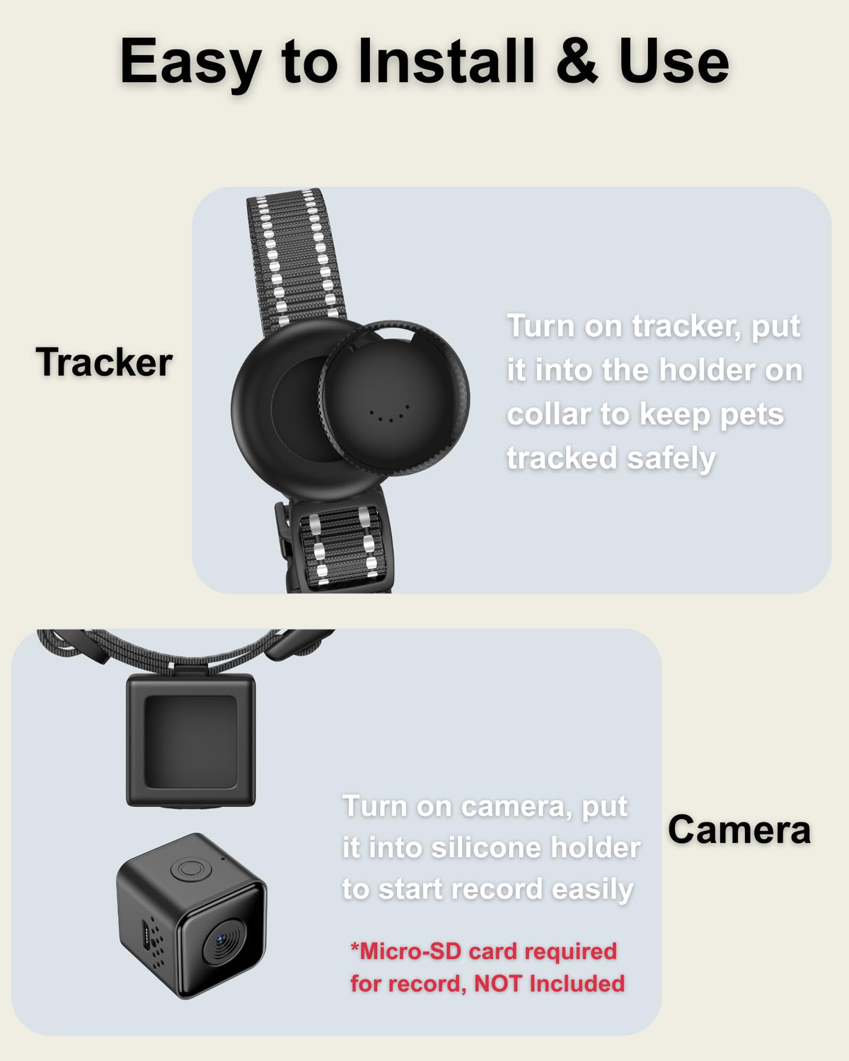 Cat Camera Collar with Tracker Tag, 1080P HD Pet POV Action Cam, Lightweight 0.7oz, Night Vision W3672