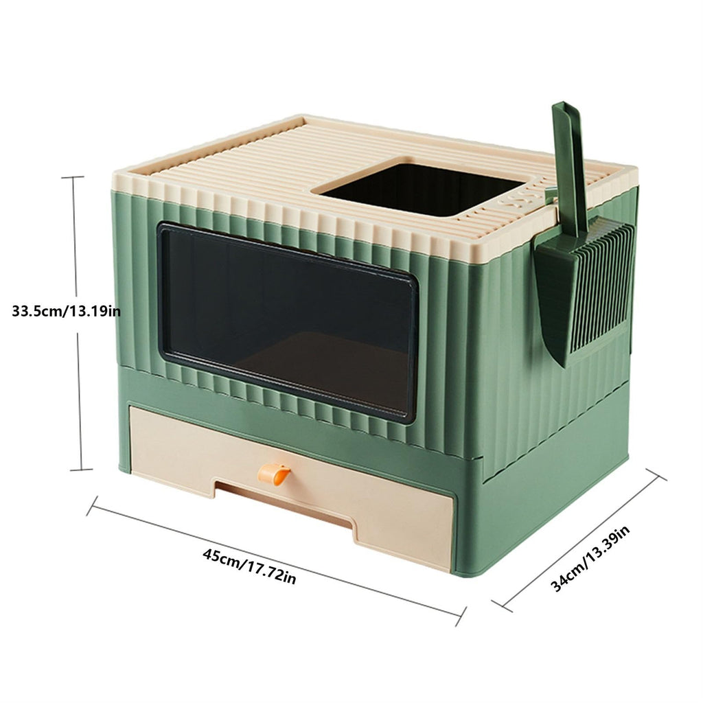 Top Entry Cat Litter Box with Lid Foldable Drawer Type Green C95881