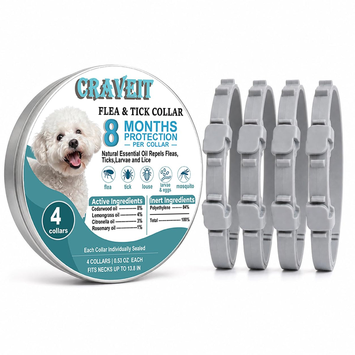 Flea and Tick Collar for Dogs, 4 Pack, Small Dogs Under 18 lbs A297
