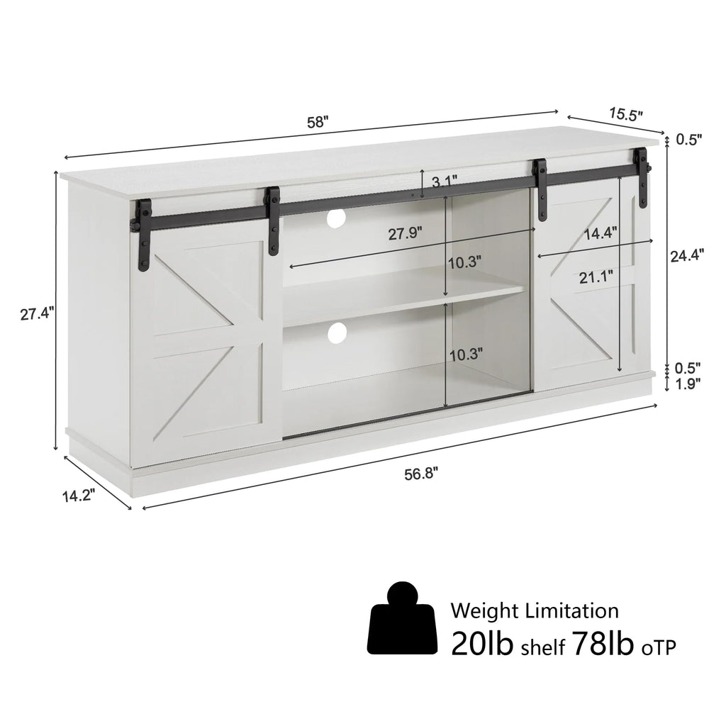 White 65 Inch TV Stand with Sliding Barn Doors and Storage W43075
