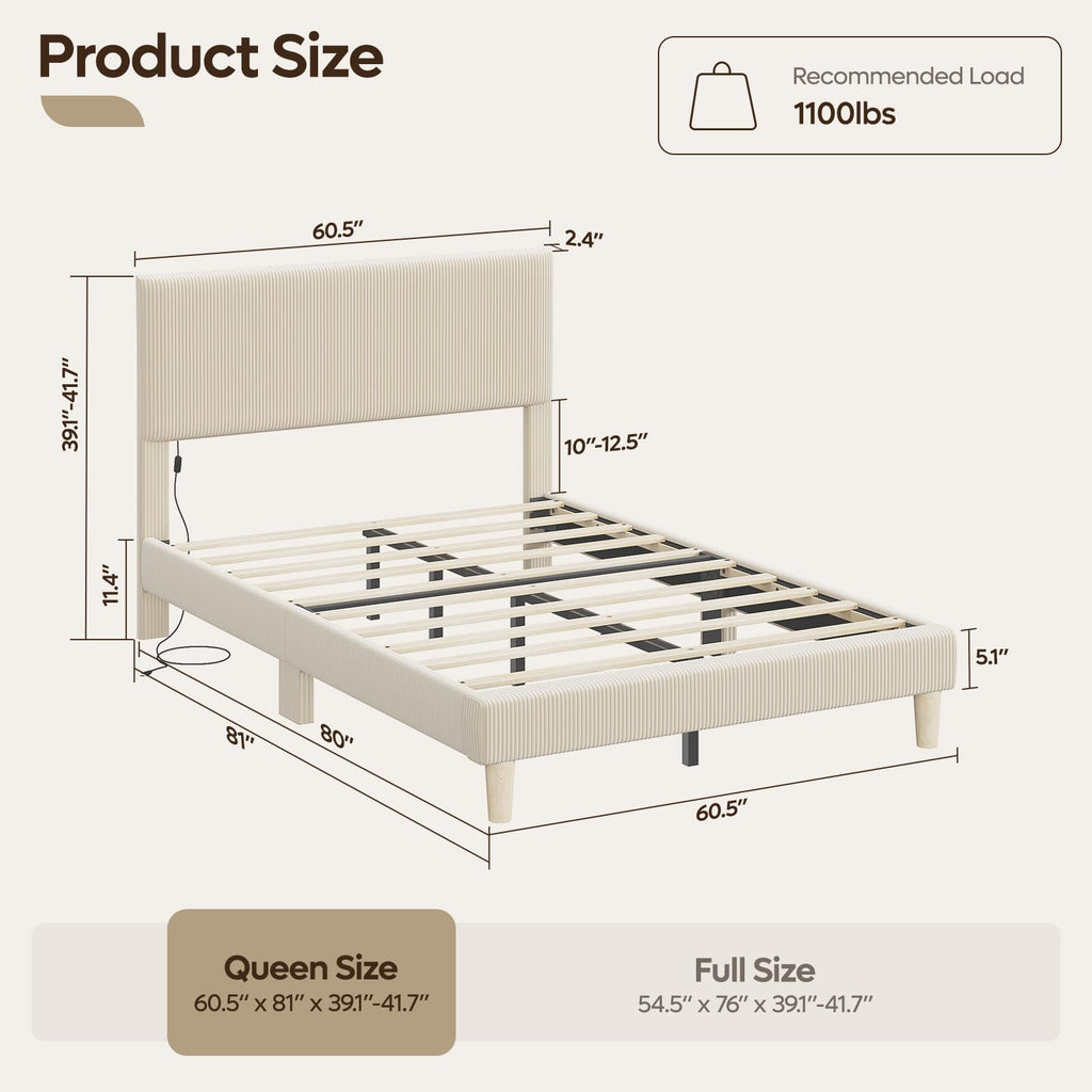 Queen Bed Frame with Headboard LED Lighting, Upholstered, Beige Z717519