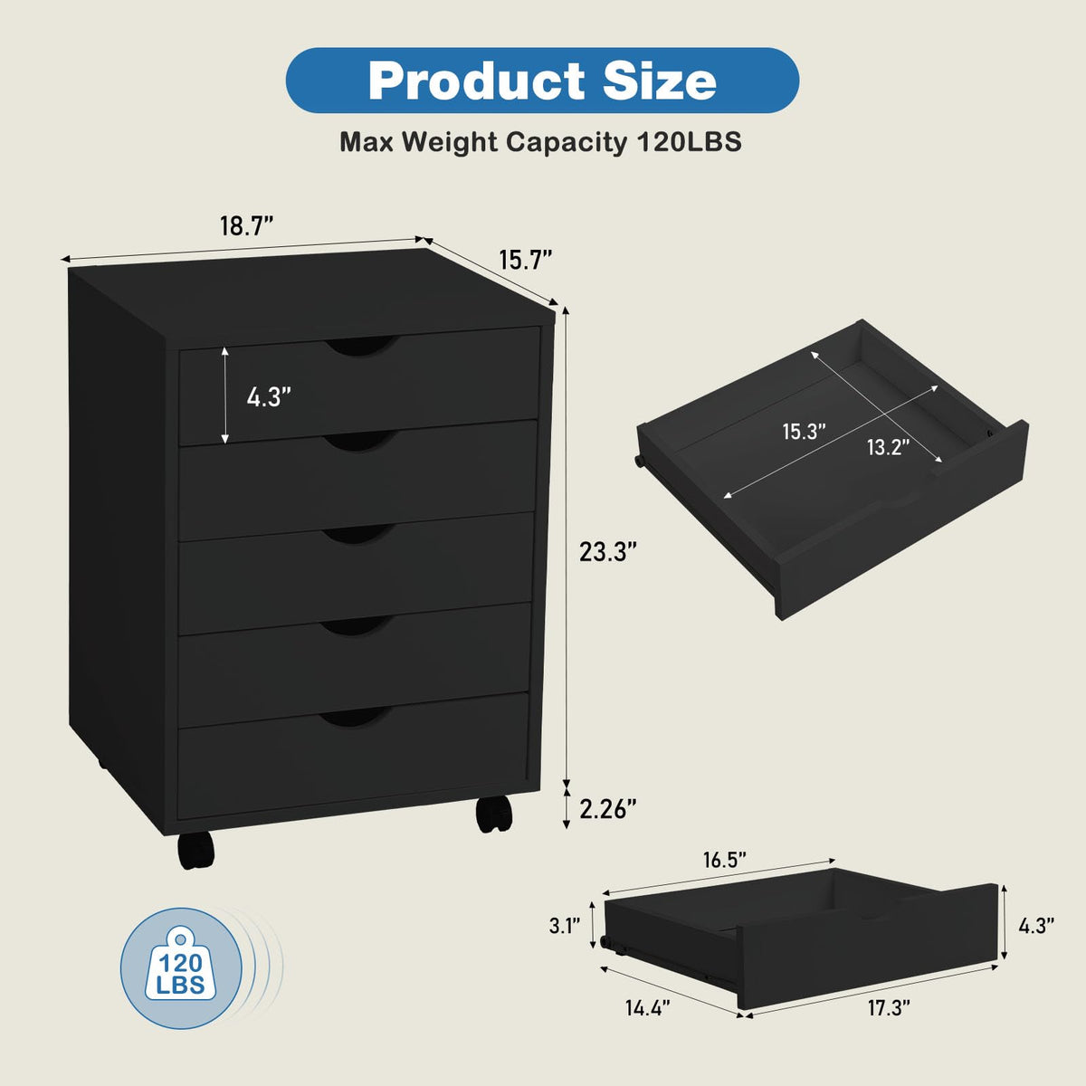 5 Drawer File Cabinet with Wheels T25447