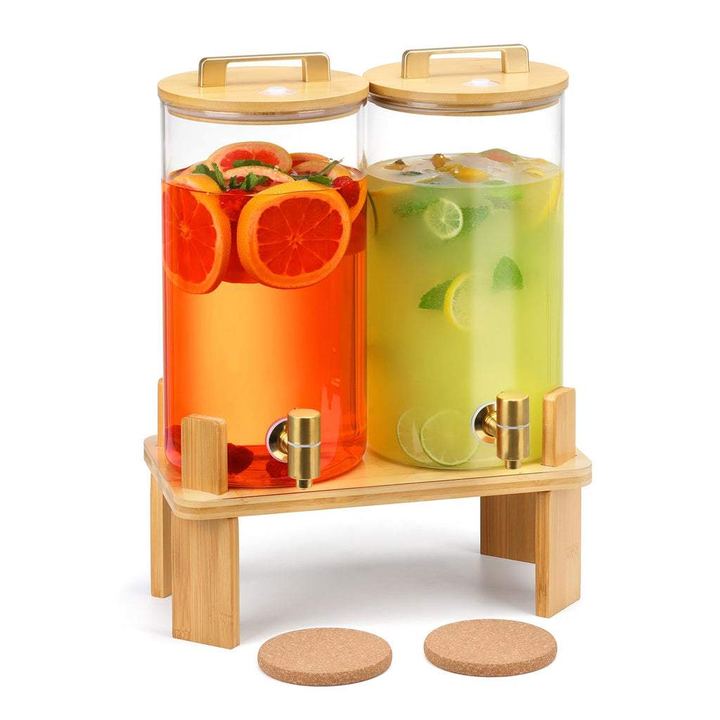 1.5 Gallon 2 Pack Glass Beverage Dispenser with Wood Stand and Spigot J6022