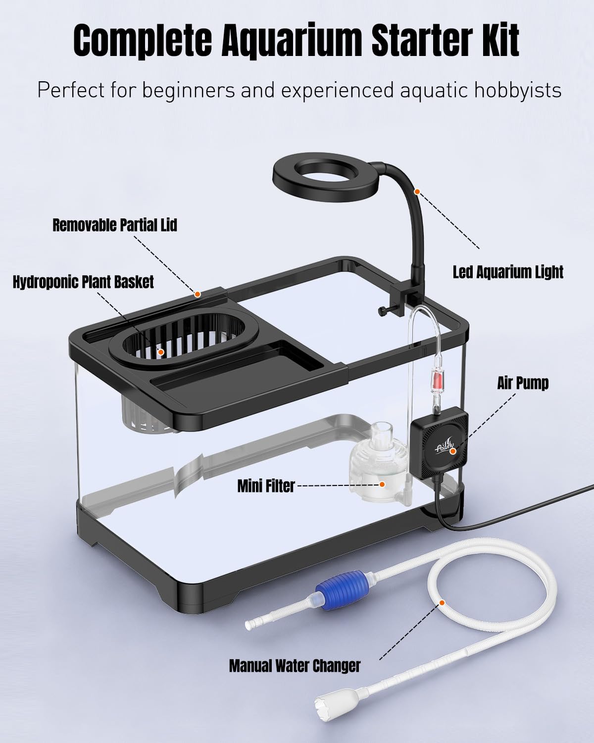 2 Gallon Ultra Clear Aquarium Starter Kit with LED Light, Air Pump, Filter M2731