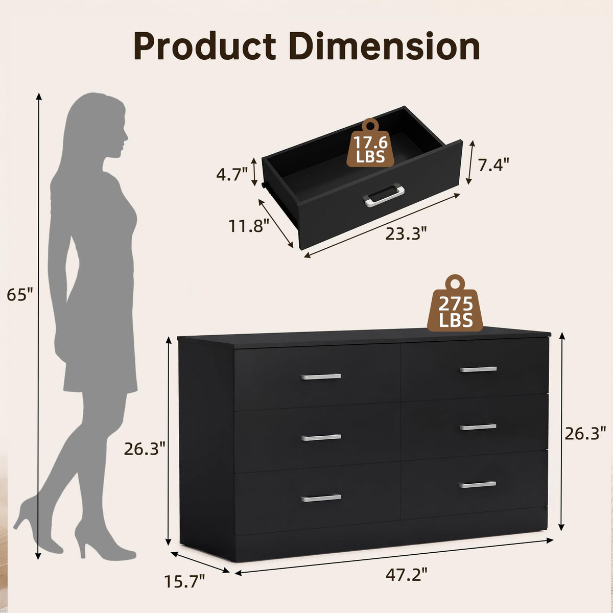 6 Drawer Dark Black Dresser A932