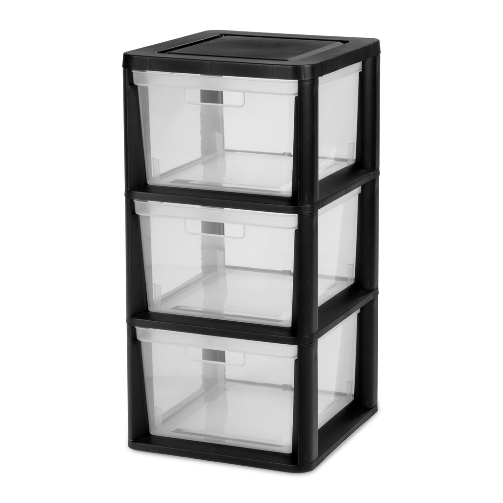 Black 3-Drawer Plastic Storage Tower with Clear Bins W1656