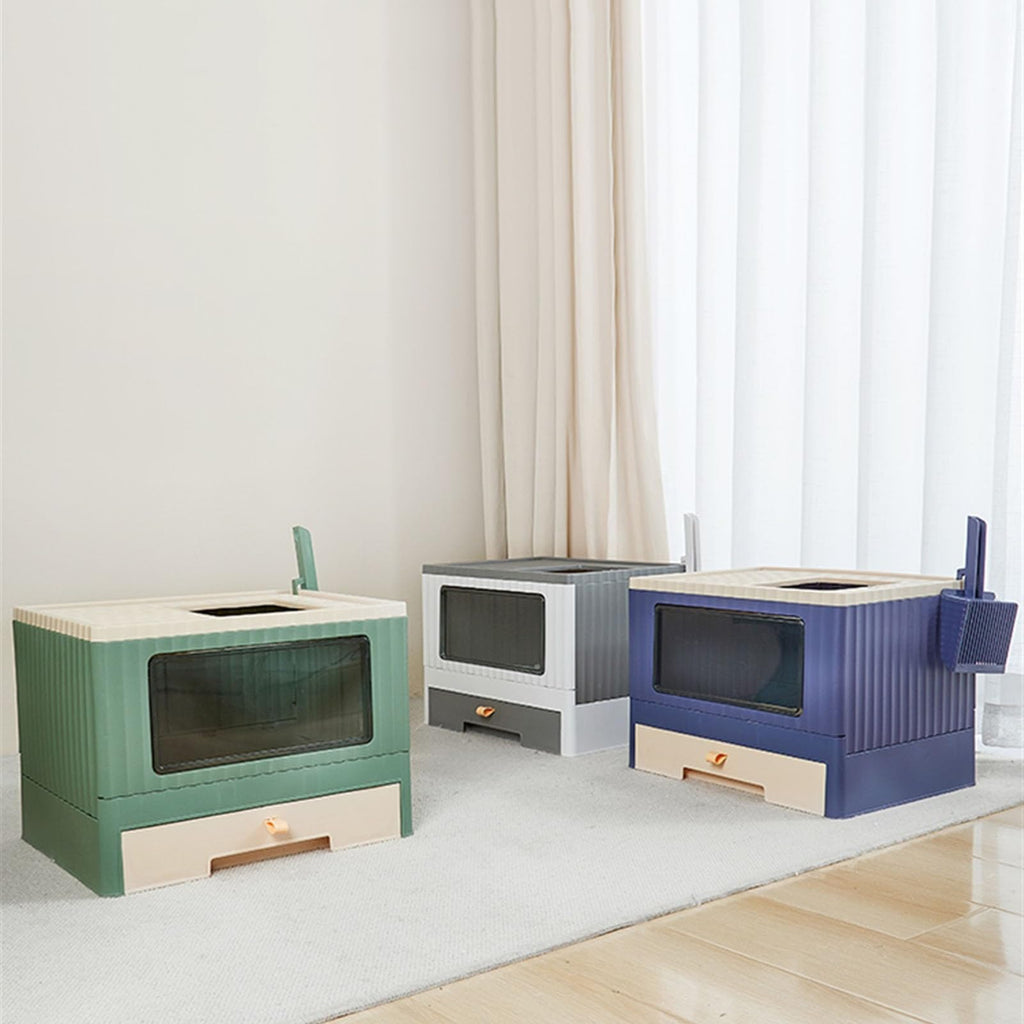 Top Entry Cat Litter Box with Lid Foldable Drawer Type Green C95881