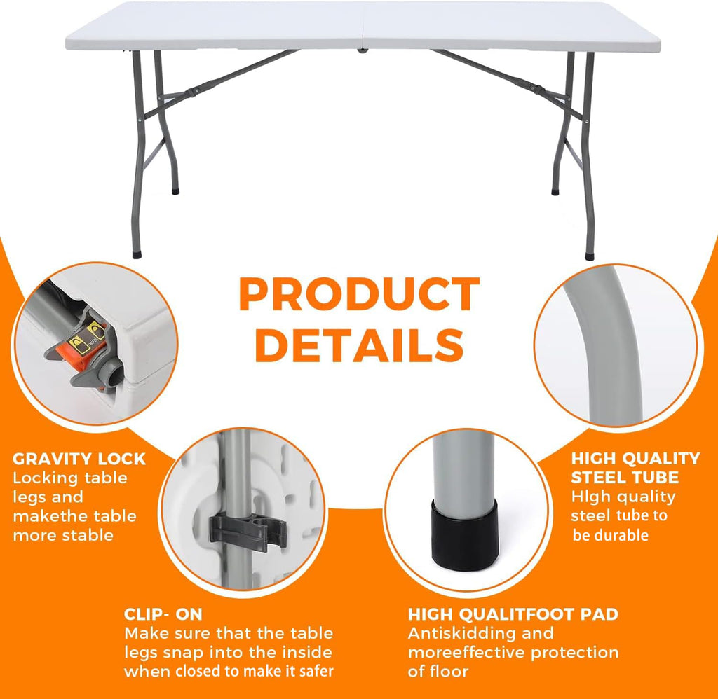 White 6FT Folding Plastic Utility Table with Steel Legs Q340