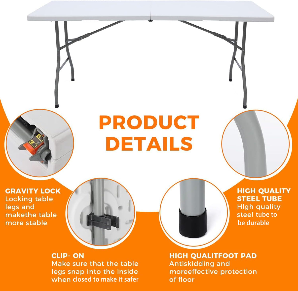 White 6FT Folding Plastic Utility Table with Steel Legs Q340