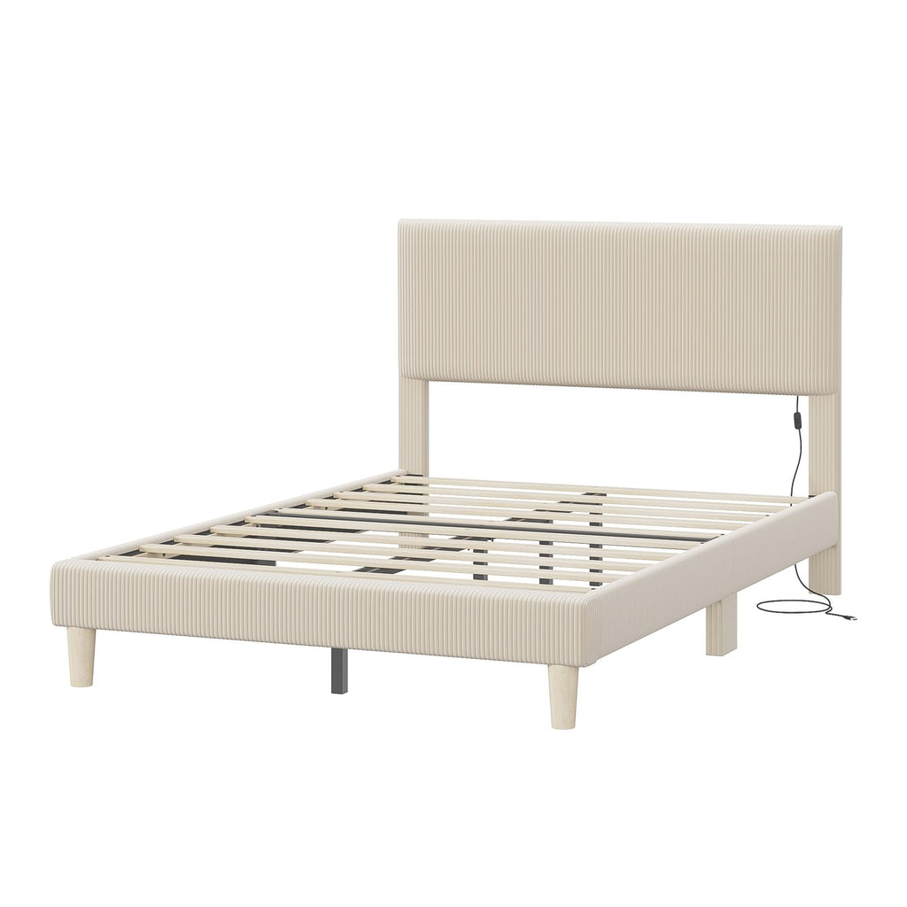Queen Bed Frame with Headboard LED Lighting, Upholstered, Beige Z717519
