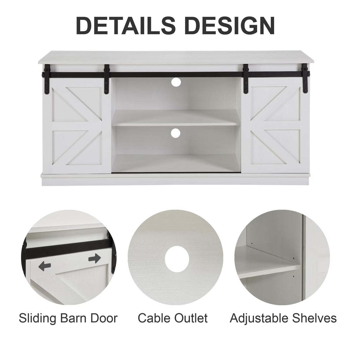 White 65 Inch TV Stand with Sliding Barn Doors and Storage W43075