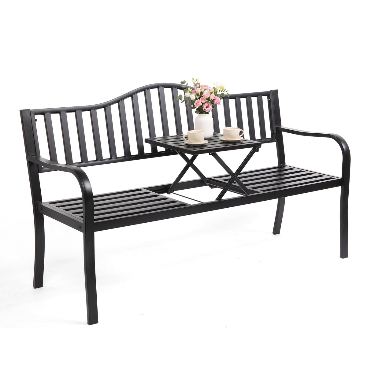 59" Outdoor Metal Bench with Built in Table J86652