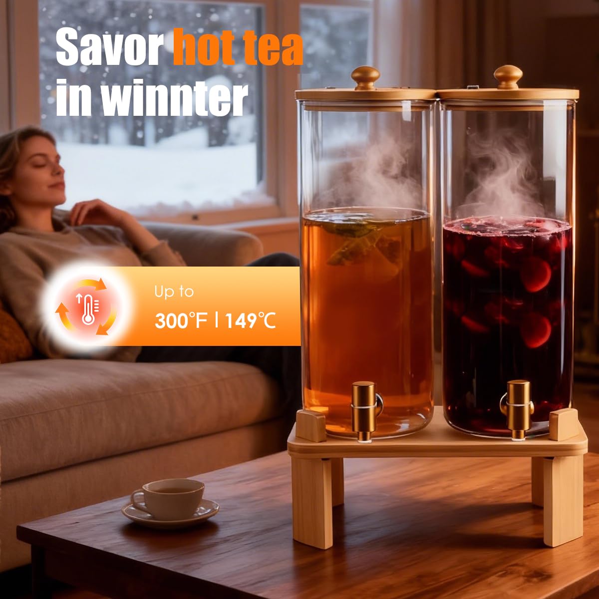2 Gallon 2 Pack Glass Drink Dispenser with Wood Stand H4952