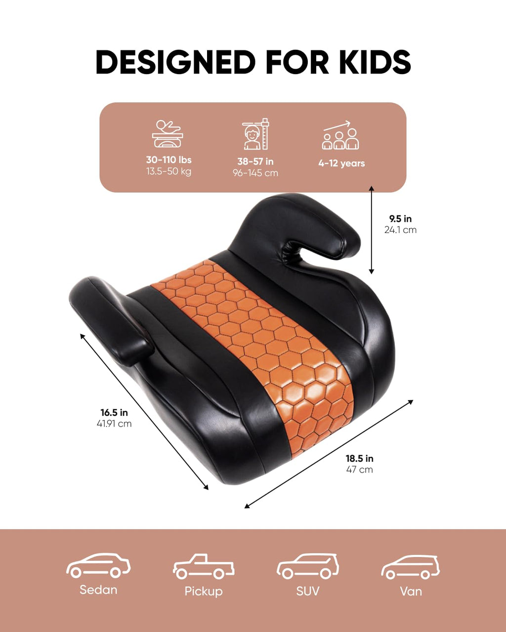 Black-Brown Backless Booster Seat with Latch and Waterproof Eco-Leather Seat Protector 2-Piece Set Z23825