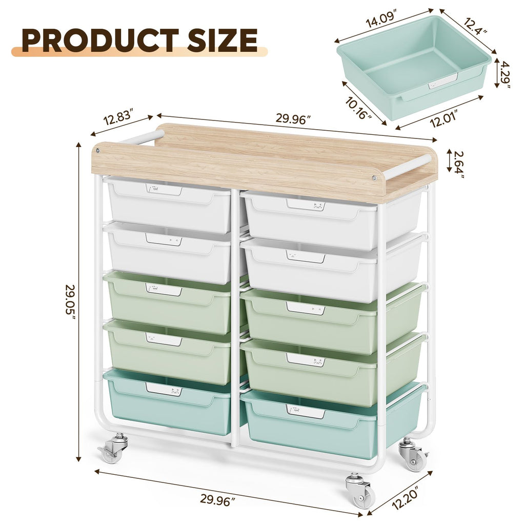 10 Drawer Rolling Cart Green J3001