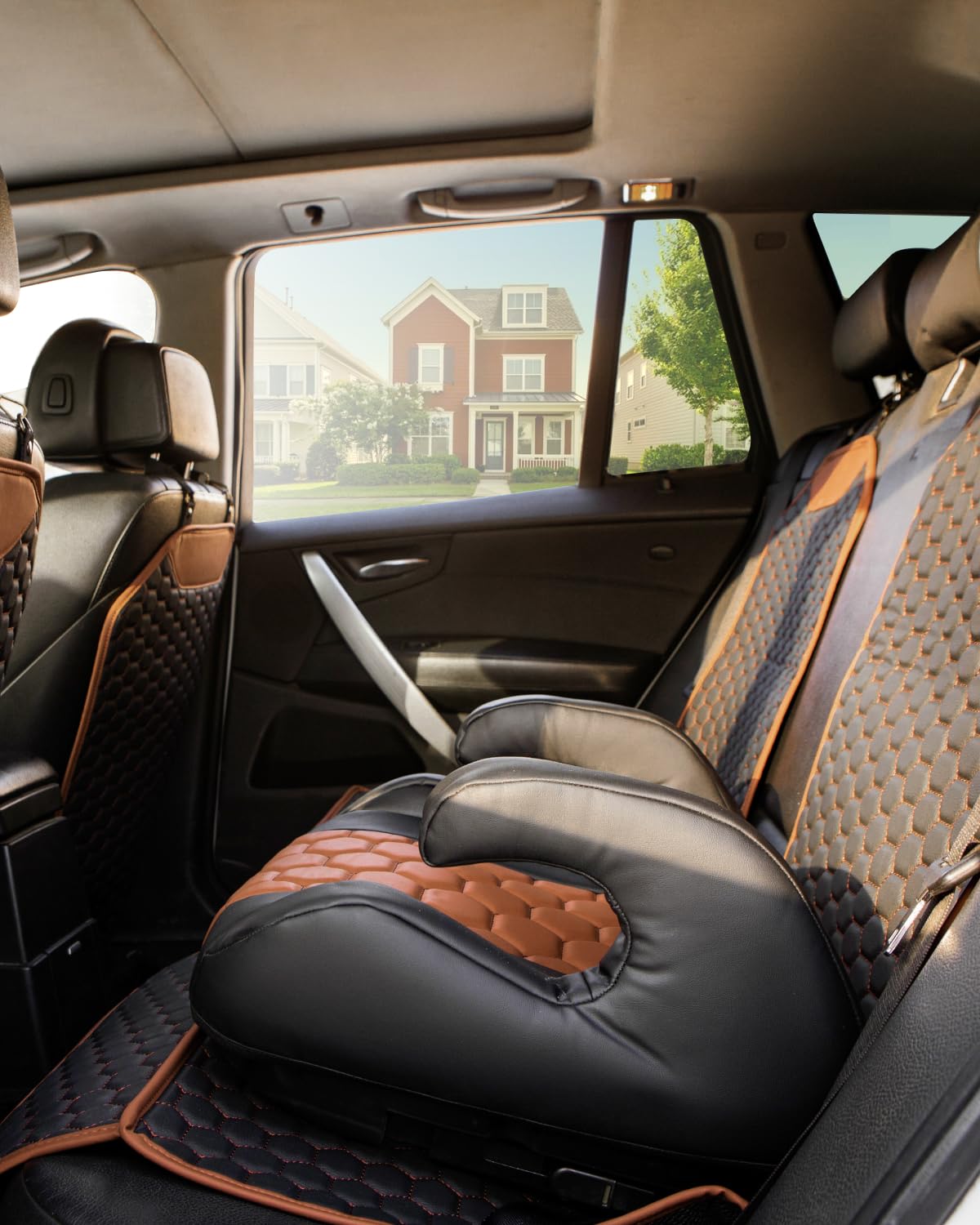 Black-Brown Backless Booster Seat with Latch and Waterproof Eco-Leather Seat Protector 2-Piece Set Z23825