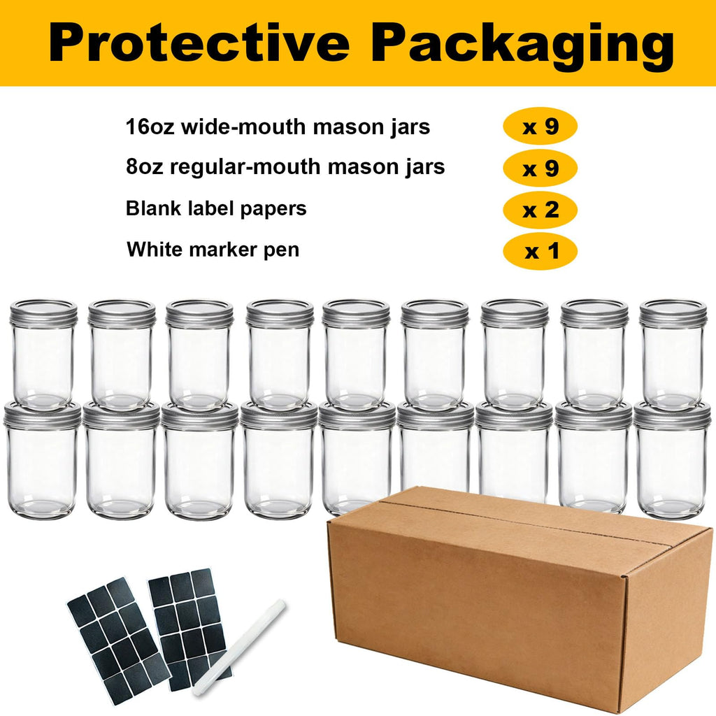 16 oz & 8 oz Clear Glass Mason Jars with Lids, Set of 18 O250509