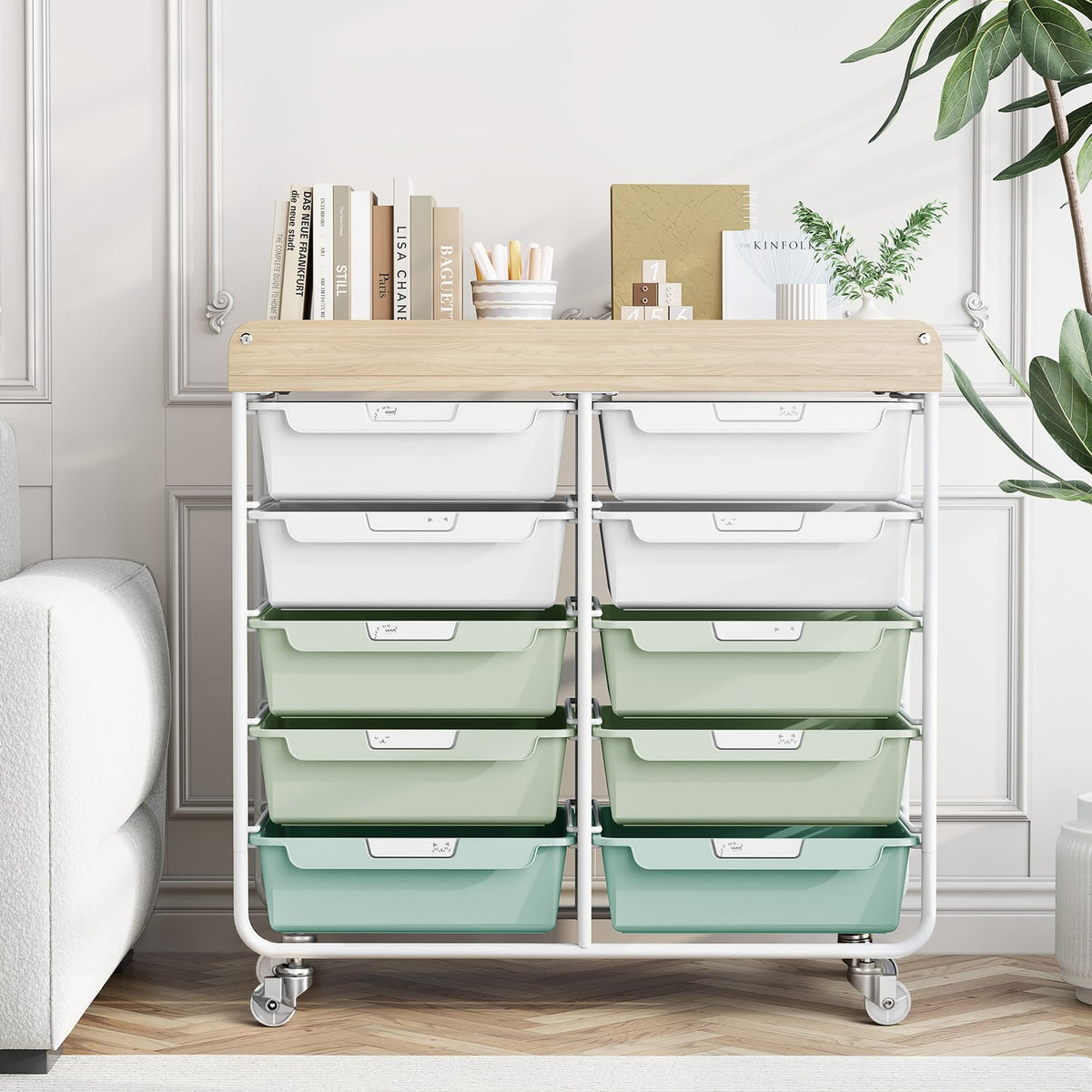 10 Drawer Rolling Cart Green J3001