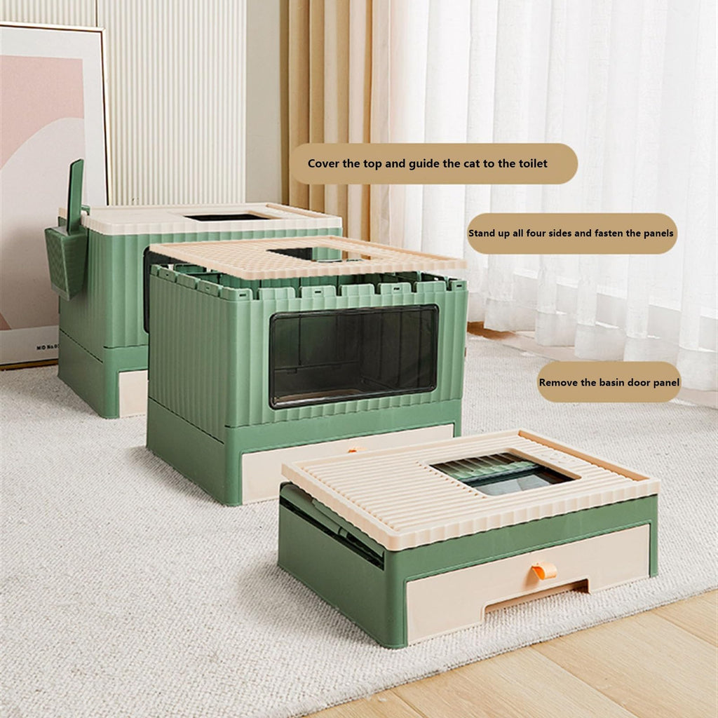 Top Entry Cat Litter Box with Lid Foldable Drawer Type Green C95881