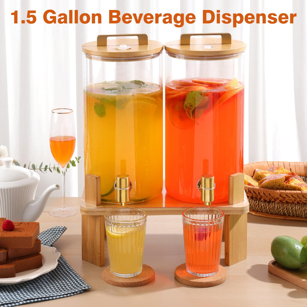 1.5 Gallon 2 Pack Glass Beverage Dispenser with Wood Stand and Spigot J6022