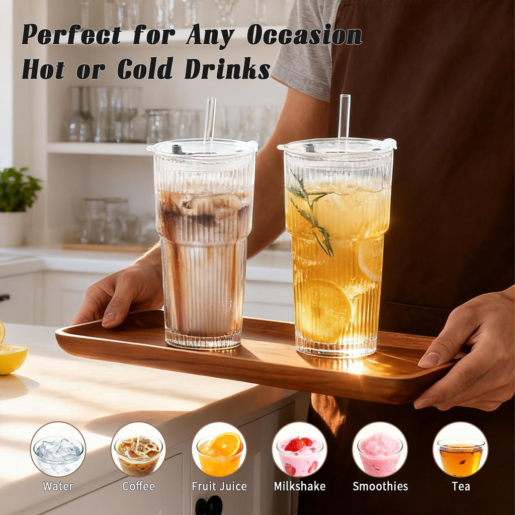 20oz Ribbed Glass Tumbler Set with Lids and Straws, 2 Pack T36155