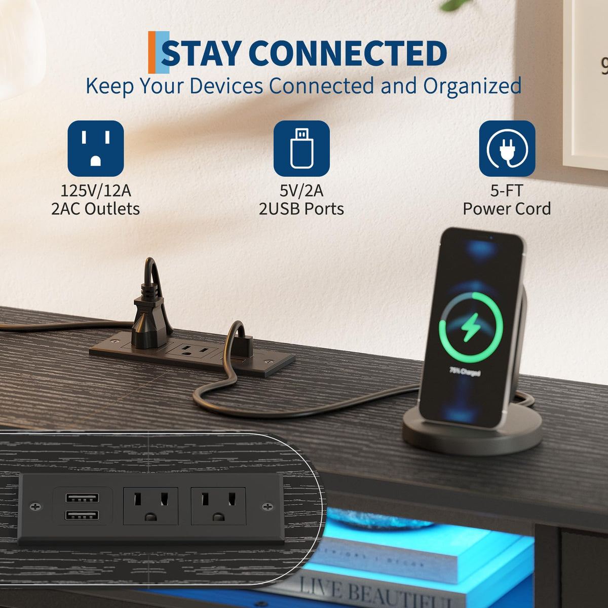 Black 13 Drawer Dresser TV Stand with LED Lights & Charging Station E7353