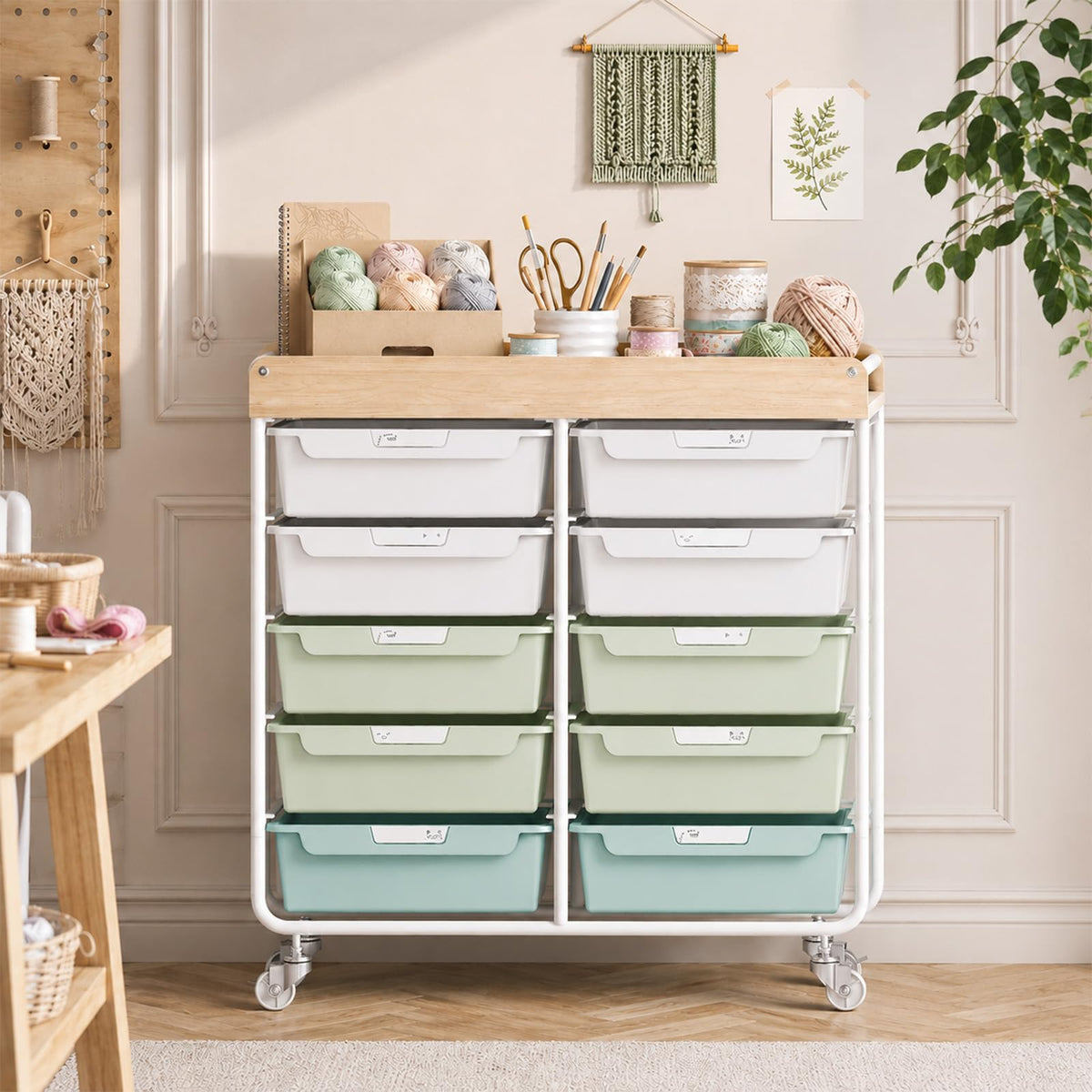 10 Drawer Rolling Cart Green J3001