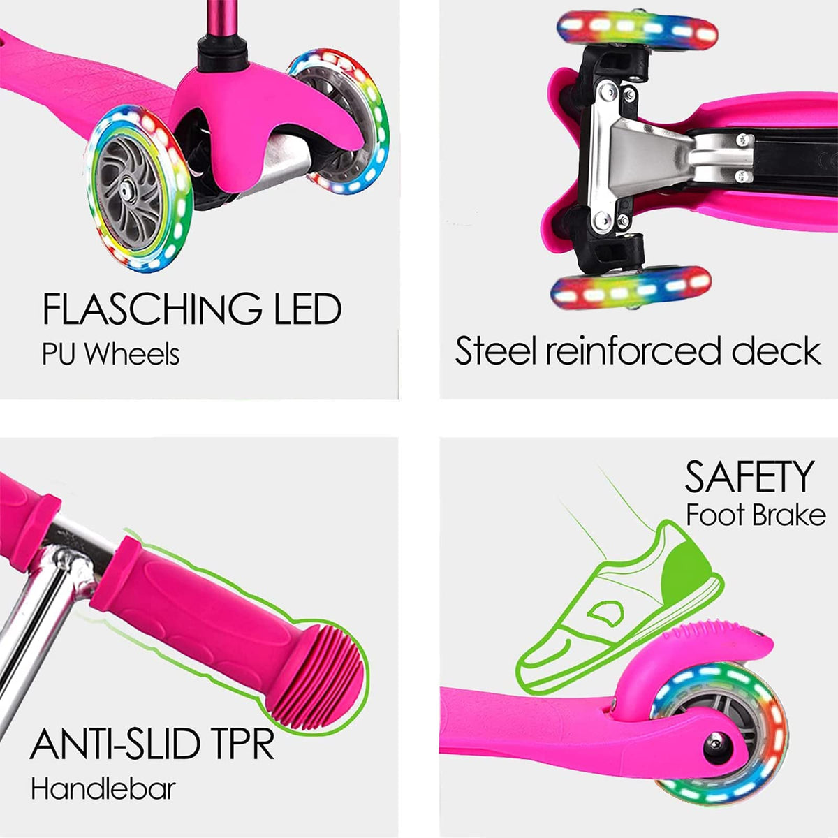 3-Wheel Kick Scooter with Light Up Wheels, 4 Adjustable Heights, Foldable D94362