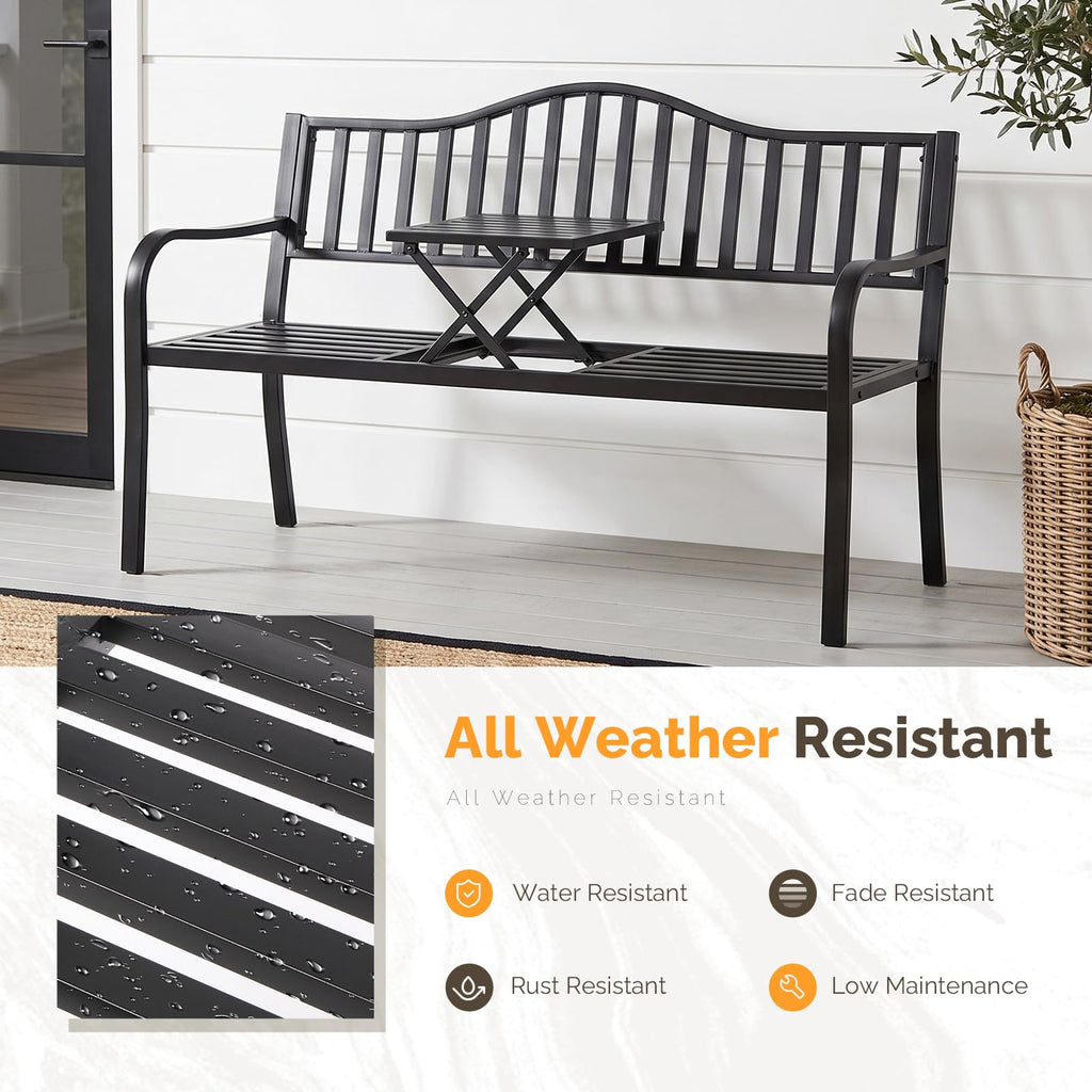 59" Outdoor Metal Bench with Built in Table J86652