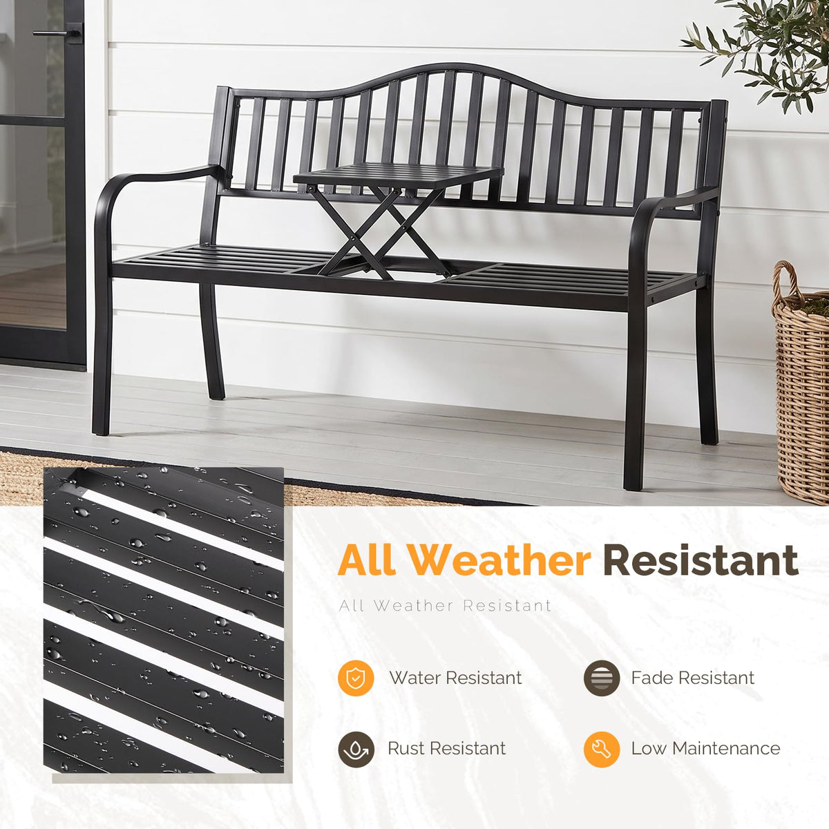 59" Outdoor Metal Bench with Built in Table J86652