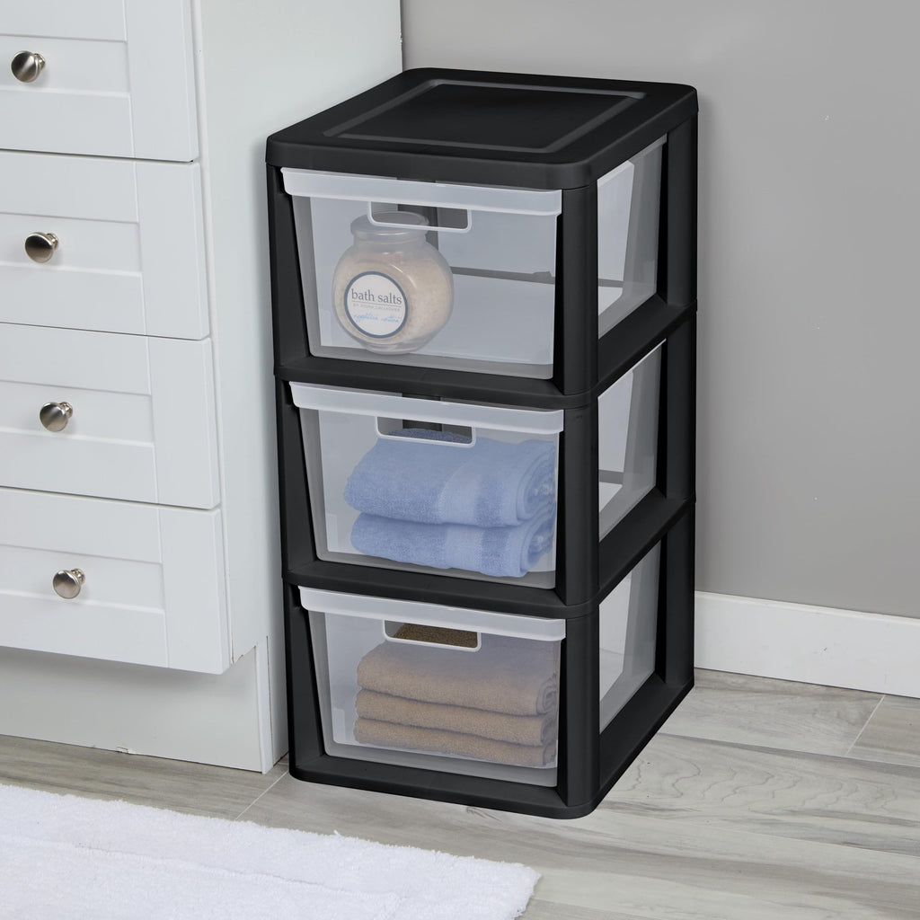 Black 3-Drawer Plastic Storage Tower with Clear Bins W1656