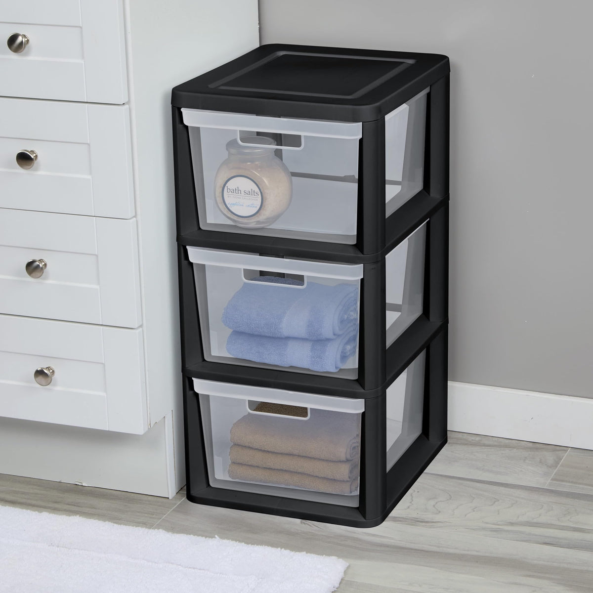 Black 3-Drawer Plastic Storage Tower with Clear Bins W1656