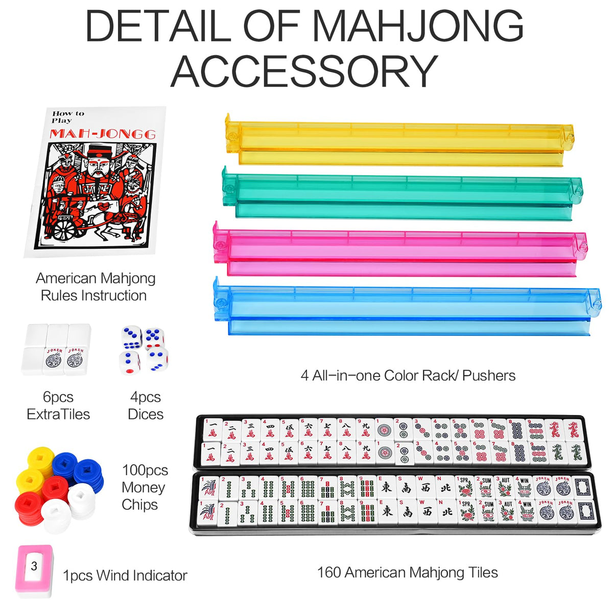 American Mahjong Set with 4 Rack Pushers & Carry Bag W8330
