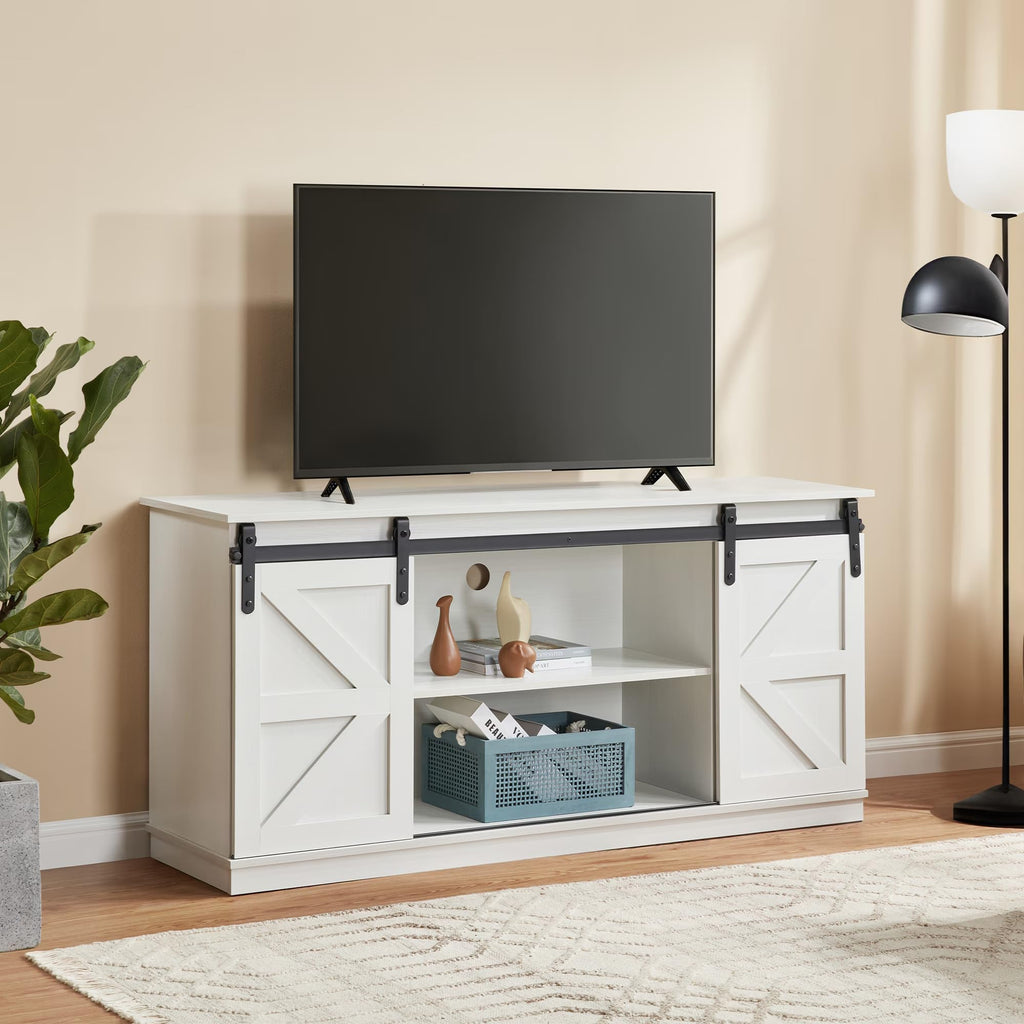 White 65 Inch TV Stand with Sliding Barn Doors and Storage W43075