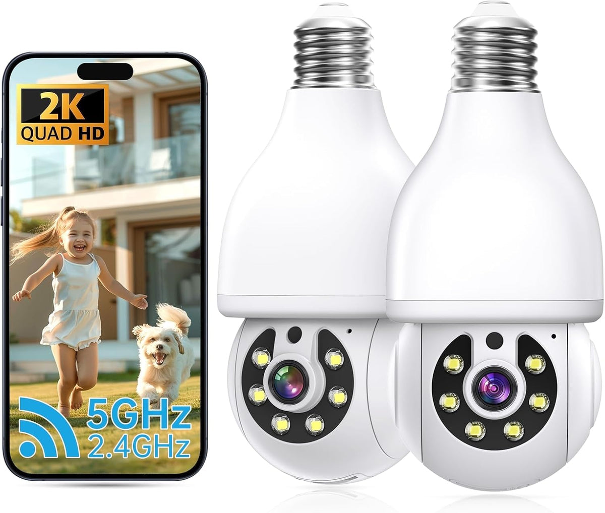 2K Light Bulb Security Camera 5G&2.4G WiFi 360° 2 Pack V6757