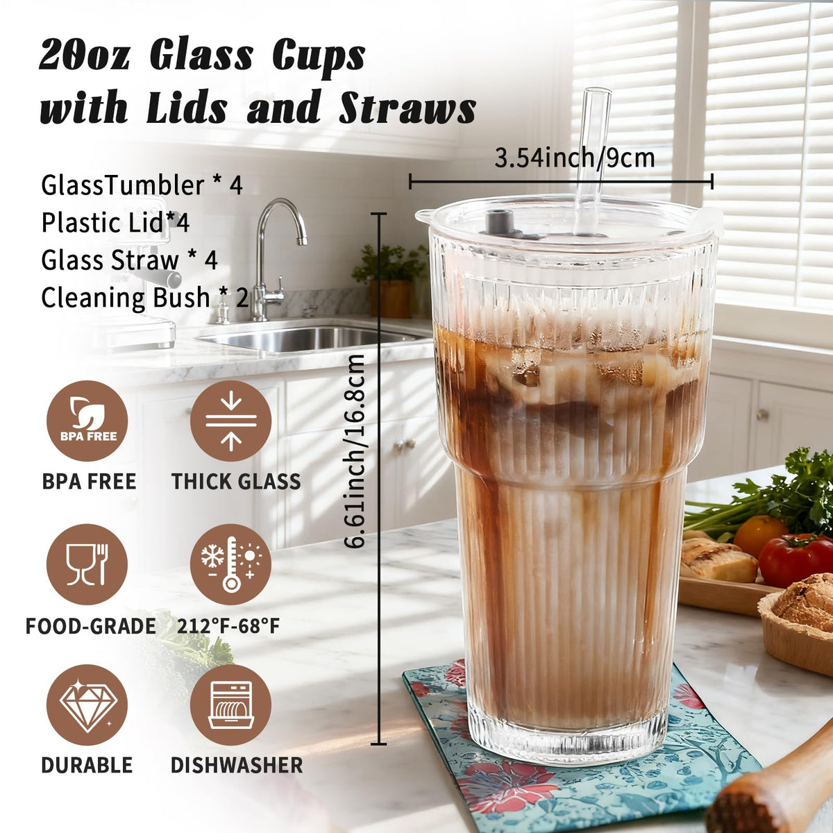 20oz Ribbed Glass Tumbler Set with Lids and Straws, 2 Pack T36155