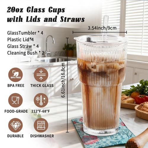 20oz Ribbed Glass Tumbler Set with Lids and Straws, 2 Pack T36155