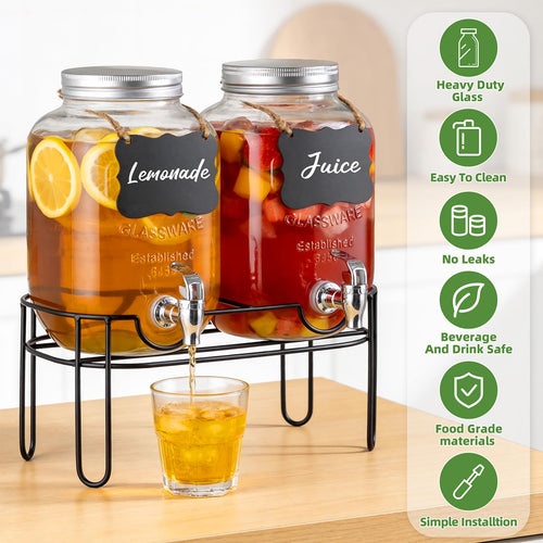 1 Gallon Glass Drink Dispenser 2 Pack with Fruit Infuser and Stand N2952