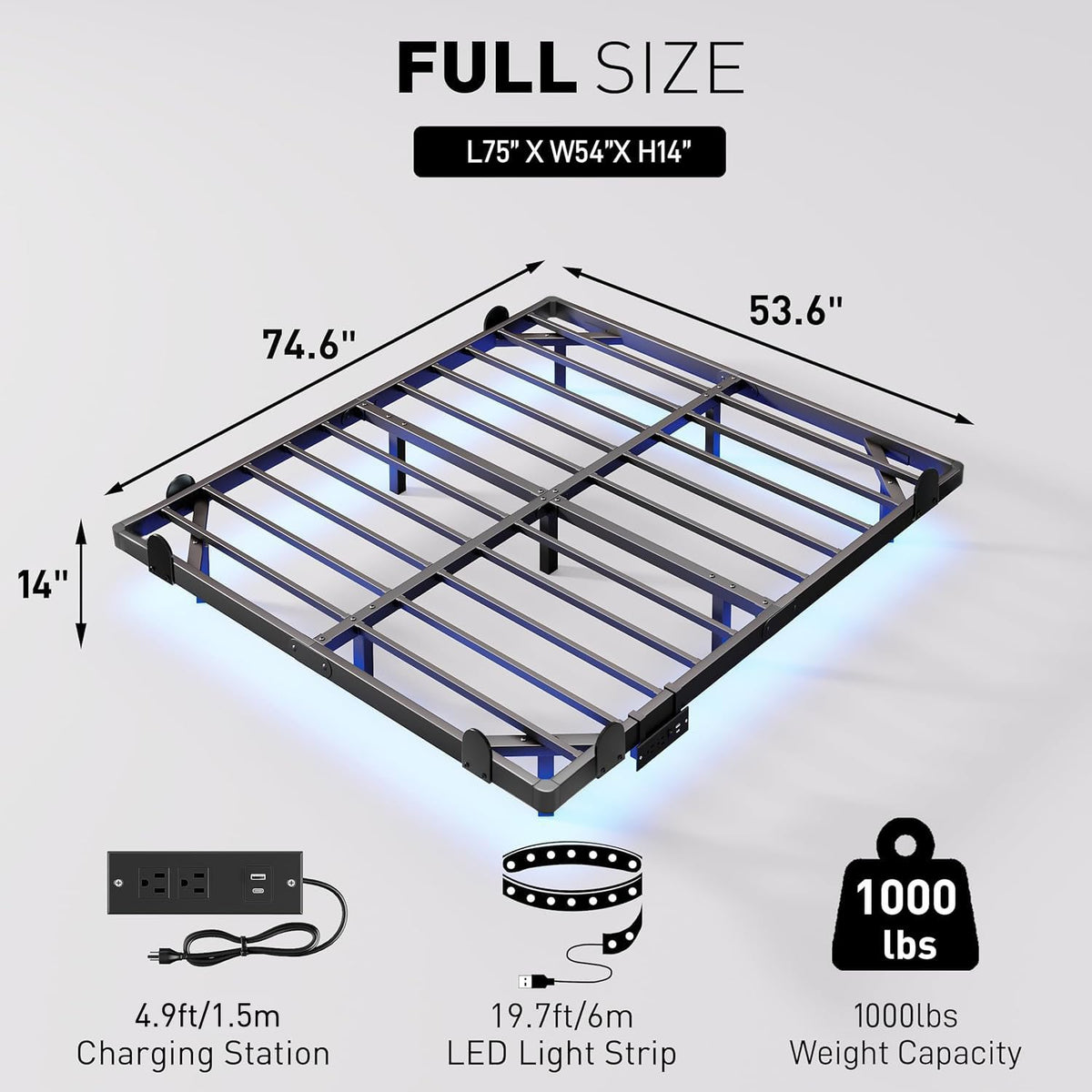 14 Inch Full Bed Frame with LED Lights and Charging Station L892