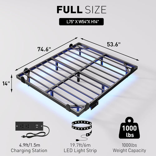 14 Inch Full Bed Frame with LED Lights and Charging Station L892