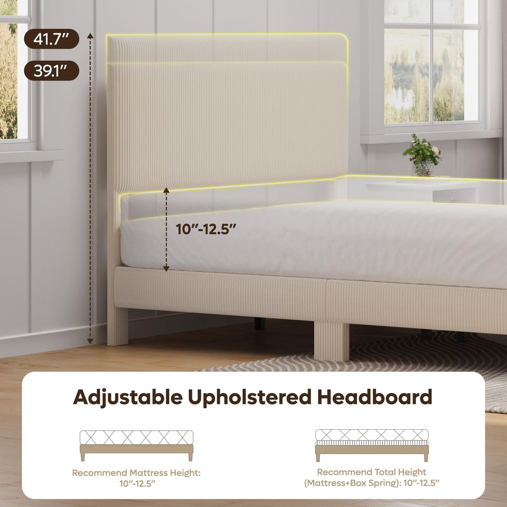Queen Bed Frame with Headboard LED Lighting, Upholstered, Beige Z717519