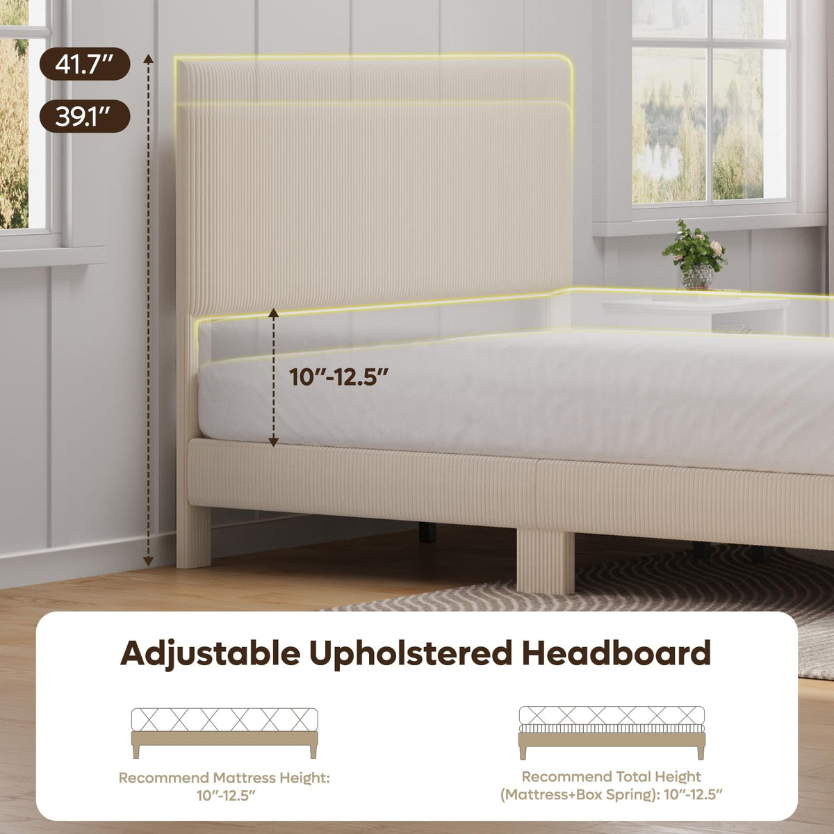 Queen Bed Frame with Headboard LED Lighting, Upholstered, Beige Z717519