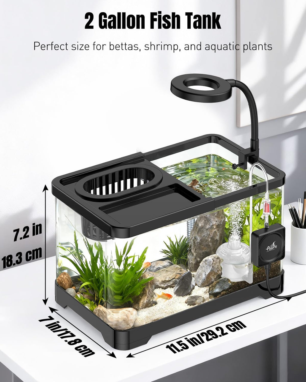 2 Gallon Ultra Clear Aquarium Starter Kit with LED Light, Air Pump, Filter M2731