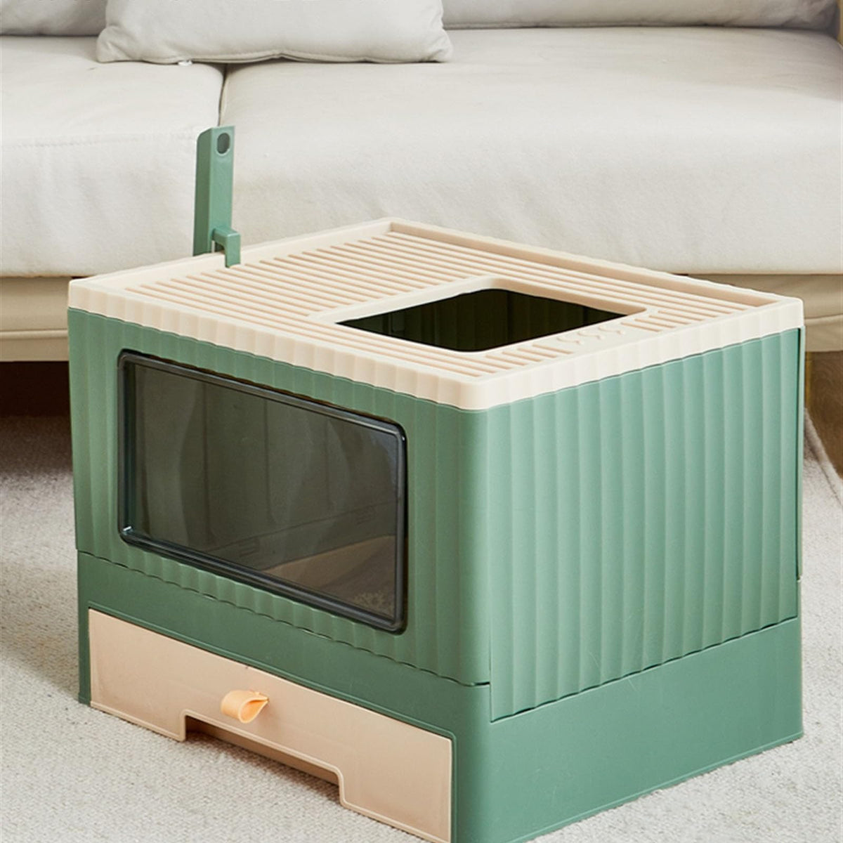 Top Entry Cat Litter Box with Lid Foldable Drawer Type Green C95881