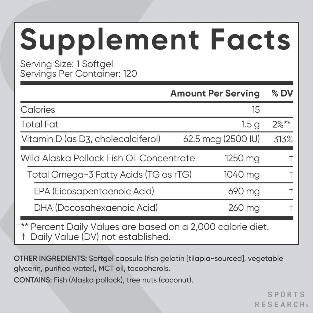 Omega-3 Fish Oil 1250mg + D3 2500iu, 120 Count V9293