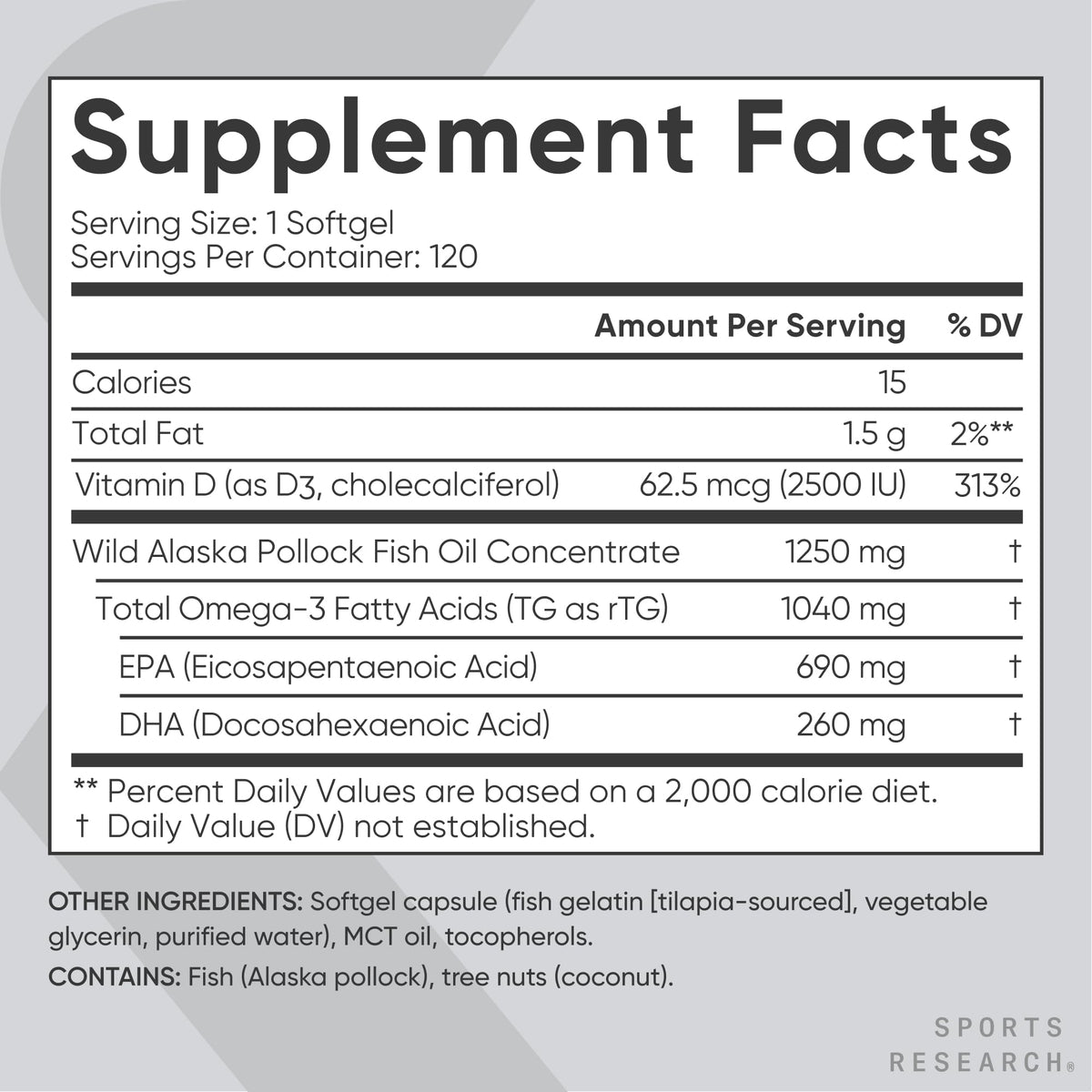Omega-3 Fish Oil 1250mg + D3 2500iu, 120 Count V9293